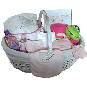 Babymand pasgeboren roze tinten met kikker, deken, rammelaar, plafondbevestiging, kleding, toilet, luiers en album foto's