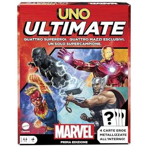 Mattel Games UNO Ultimate Marvel – het iconische spel met 4 gelamineerde verzamelkaarten en Marvel superhelden inclusief Black Panther, Captain Marvel, Iron Man en Thor, speelgoed voor kinderen, 7+