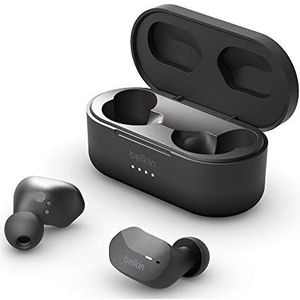 Belkin AUC001btBK SoundForm True Wireless Earbuds (Bluetooth-oordopjes voor iPhone, Samsung, Google, bedieningsknoppen, draagbaar oplaadhoesje, 24 uur luistertijd, ruisisolatie, zweetbestendig, zwart),Eén maat