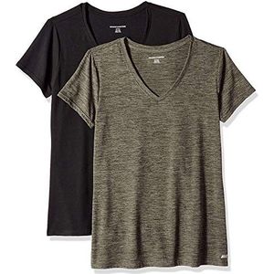 Amazon Essentials Dames Tech Stretch T-shirt met korte mouwen en V-hals (verkrijgbaar in grote maten), 2-Pack, Olijfgroen Ruimteverf/Zwart, M