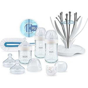 NUK Nature Sense Glasflaschen Set | 3 Babyflaschen | Temperature Control Anzeige | Trinksauger | Flaschenbürste | Multi Dry | Genius Schnuller | BPA-Frei | 0-6 Monate | weiß