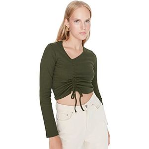 Trendyol Dames getailleerde basic asymmetrische kraag gebreide blouse, Kaki, S