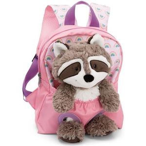 Rugzak 21x26 cm pink met knuffelpluche wasbeer 25 cm - Afneembaar pluche speelgoed, zacht en pluizig - kleuterrugzak met knuffeldier voor 2-5-jarige jongens en meisjes