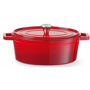HENDI Braadpan, met deksel, voor alle warmtebronnen (incl. inductie), stoven-bakken-koken, ovenbestendig, 4,4L, 365x290x(H)115mm, geëmailleerd gietijzer, rood