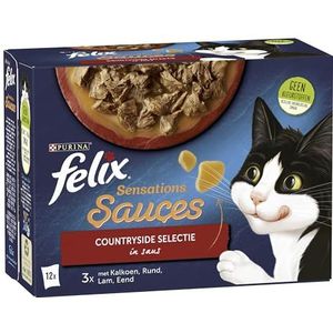 Felix Sensations Sauces kattenvoer, Countryside Selectie in Saus - Katten natvoer - doos van 4 (48 portiezakjes; 4,08kg)