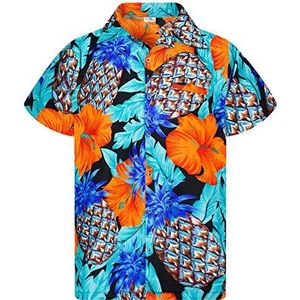 Funky Hawaiiaans Overhemd, Hawaii-Overhemd, Korte Mouw, Pineapple Hibiscus, Zwart Turkoois, XL
