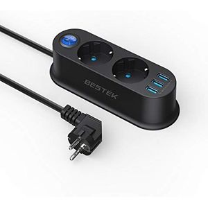BESTEK - 2-weg Stekkerdoos - Met 3 USB-poorten - 1,5 m Kabel - 2500W / 10A