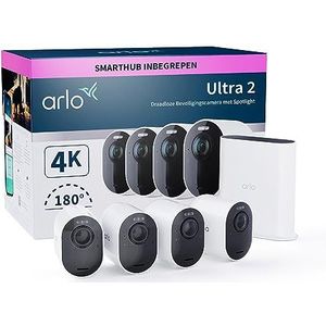 Arlo Ultra 2 draadloze WiFi-beveiligingscamera voor buiten, 4K UHD, 180˚ kleurennachtzicht, sirene, bewegingsdetectie, 2-weg-audio, Smart Hub inbegrepen, incl. proefp. Arlo Secure, 4 cam-kit, wit