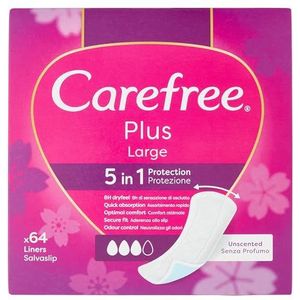 Carefree Inlegkruisjes Plus Large zonder parfum, extra brede damesslip met 5-in-1 bescherming voor 8 uur droog gevoel, ultradunne absorberende inzetstukken zonder geur, voor dagelijks gebruik, 64