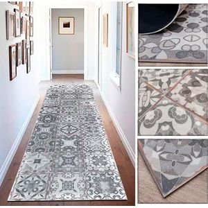 Tadi & Imperio1979 Vinyl tapijt met vintage bloemenpatroon, in oud grijs en wit, voor keuken, bijkeuken, hal, toilet, slaapkamer met antislip pvc-achterkant 60 x 200 cm