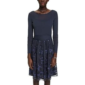 ESPRIT Collection Mini-jurk met 3D-kant en bloemengeborduurd mesh, Donkerblauw, XL