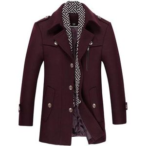 Allthemen Herenjas, winter, kort, trenchcoat van wol, warm, slank, dik, overjas, parka, winddicht, jas met reverskraag, Rode wijn, XXL