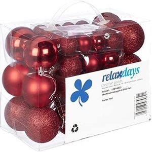 Relaxdays kerstballen, set van 50, mat, glanzend en met glitters, kunststof, kerstboomballen ∅ 3, 4 & 6 cm, rood