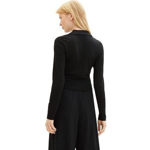 TOM TAILOR Denim Poloshirt met lange mouwen voor dames met geribbelde structuur, 14482-diep zwart, XL