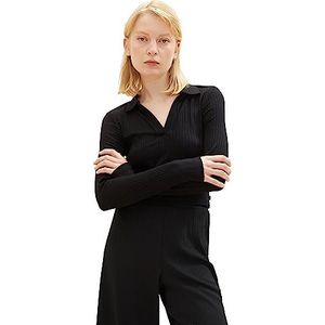 TOM TAILOR Denim Poloshirt met lange mouwen voor dames met geribbelde structuur, 14482-diep zwart, XL