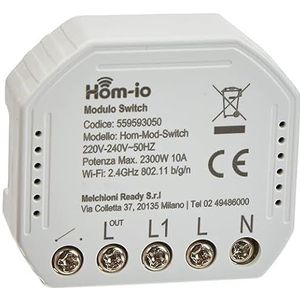 Hom-io HOM-MOD-SWITCH 1X10A WiFi-module, 1-kanaals schakelaar voor schoon contact met lichtpunten en elektrische apparaten, compatibel met Alexa en Google Home, Hom-io App-besturing en Smart Life