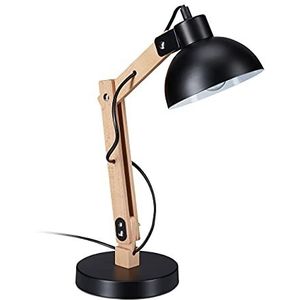 Relaxdays Bureaulamp, verstelbare tafellamp, retro bureaulamp, metaal en hout, E27, 40 W, hoogte 45 cm, zwart