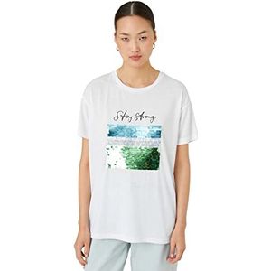 Koton T-shirt voor dames, ronde hals, korte mouwen, met pailletten, letterprint, wit (000), XXL