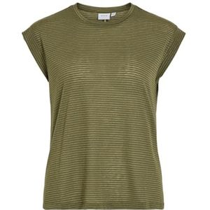 VILA - T-shirt - Olijfgroen - Glanzende Fijne Strepen - Korte Mouwen