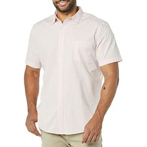Amazon Essentials Stretch popeline overhemd met korte mouwen voor heren (verkrijgbaar in groot en lang), roze wit dubbele streep, XS