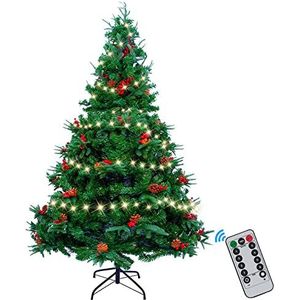 AGM 1,5 m kerstboom Prelit met 12M String Lights, 150CM Kunstmatige PVC+PE kerstboom met rode bessen en dennenappels, voor Kerstmis binnen en buiten decoratie