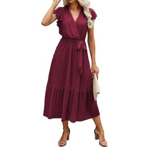 Adigaber Damesjurk, zomer, casual, lange jurk, ruches, korte mouwen, elegante jurk, V-hals, A-lijn met riem, maxi-jurk, bordeaux., XL
