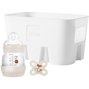 MAM Easy Start Anti-Colic Combi Set XS, baby eerste uitrusting met anti-koliek fles (130 ml), incl. speen maat 0, MAM Start fopspeen en flessenmand, babycadeauset, vanaf de geboorte, beige