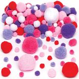 Baker Ross AR258 pompons in rood, roze, violet en wit voor kinderen om te versieren en te knutselen - creatief knutselset (200 stuks), geassorteerd,rood, roze en paars.