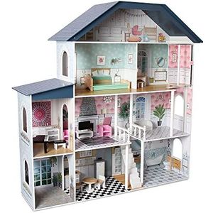 DEQUBE Houten poppenhuis met 4 niveaus, verschillende decoraties in elke kamer, inclusief meubels en speelaccessoires, maat XL