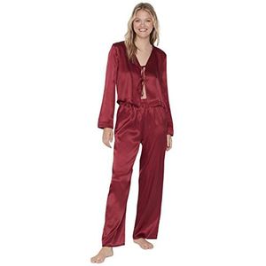 Trendyol Dames effen midden geweven overhemd-broek pyjama set, Bordeaux, 66
