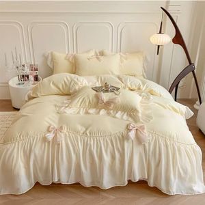 SOUKECHY Chique kanten beddengoed, meisjes twin, esthetische dekbedovertrekset, romantische Franse prinsessenstijl gegolfd dekbedovertrek met mooie strik en ritssluiting - geel, twinsize
