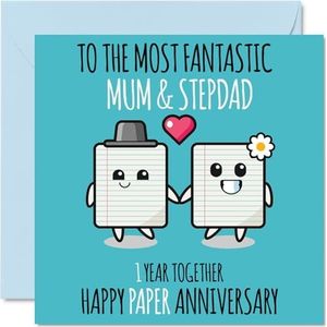 Leuke papieren verjaardagskaart voor mama en stiefvader - 1 jaar samen - Gelukkige 1e huwelijksverjaardagskaarten voor stiefvader moeder, 145 mm x 145 mm wenskaarten voor eerste verjaardagen