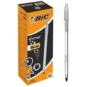 BIC Cristal Shine Balpennen Medium Punt (1,0 mm) - Zwarte Inkt en Zilveren Lichaam, Doos van 20 Stuks