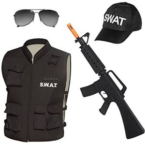 Boland - SWAT-set voor volwassenen, zwart-wit, geweer-attrap, vest, muts en bril, wapen, jas, basecap, zonnebril, kostuum, carnaval, themafeest