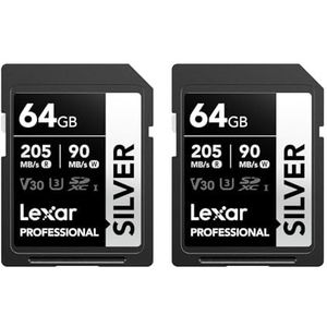 Lexar Professional ZILVER SD-kaart 64GB 2-pack, tot 205 MB/s lezen, 90 MB/s schrijven, SDXC UHS-I-geheugenkaart, klasse 10, U3, V30, SD-kaart voor professionele fotografen, videografen, liefhebbers