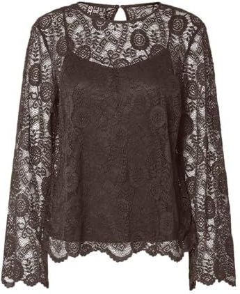 PIECES Pcolline Ls Lace O-Neck Top WVN Noos, Hot Fudge, M