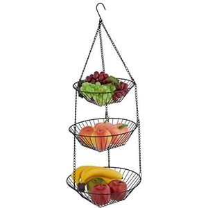 Relaxdays hangende fruitmand - metalen fruitschaal 3 lagen - draadmand - etagère - zwart