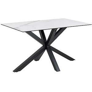 AC Design Furniture Heather Rechthoekige eettafel voor 4 personen, tafelblad in wit marmeren look en metalen kruisframe, keukentafel met keramisch oppervlak, krasbestendig, B: 135 x H: 75,5 x D: 80 cm