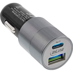 InLine® 31502S USB autolader stroomadapter Quick Charge 3.0, 12/24VDC naar 5V DC/3A, USB-A + USB type C, zwart