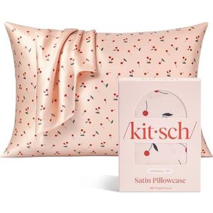 Kitsch Satin Pillowcase, Softer Than Silk Pillow Cases Queen, Cooling Pillow Covers, Satin Pillowcase w/Zipper for Hair, Skin & Quality Sleep, Wrinkle-Free & Smooth, Queen Size 19""x26"", Cherry Print