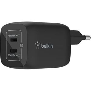 Belkin 65W 2-poorts USB Type C-wandlader, snellader met Power Delivery 3.0 en GaN-technologie, USB lader voor iPhone 15, 14, Plus, Pro, Pro Max, iPad Pro, MacBook, Galaxy S24, S24+, Ultra en meer