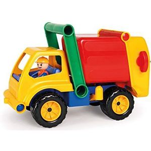 Lena LENA4356 04356 - Aktive vuilnisvrachtwagen, vuilnisvoertuig ca. 30 cm, vuilnisauto met vergrendelbare container, 1 kliko en beweegbaar speelfiguur, speelgoedvoertuig vanaf 2 jaar, geel/rood