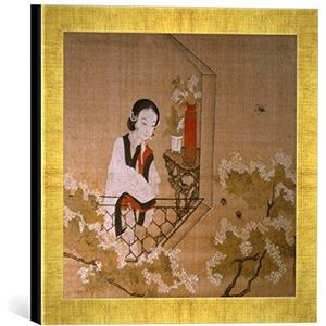 Ingelijste afbeelding van Chinese schilderij ""Vrouw op het balkon/Chinees schilderij"", kunstdruk in hoogwaardige handgemaakte fotolijst, 30x30 cm, Gold Raya