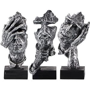 MOLIGOU 3 stuks denker standbeeld, zie horen spreken geen kwaad abstracte kunst beeldje, sculptuur decor voor kantoor, desktop, boekenplank (zilver)