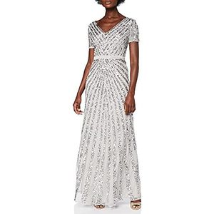 Maya Deluxe Maxi Dames Verfraaide Sequin Dress Lange Korte Mouw V-hals High Empire Waist a Cut Shiny Prom Bruiloft Bruidsmeisjesjurk Dames, Grijs, 52 NL