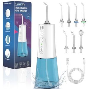 SURFOU Monddouche en irrigatie, 5 modi, 7 opzetstukken, IPX7, waterdicht, USB TYP-C oplaadbaar en watertank, 230 ml, voor reizen en gebruik thuis
