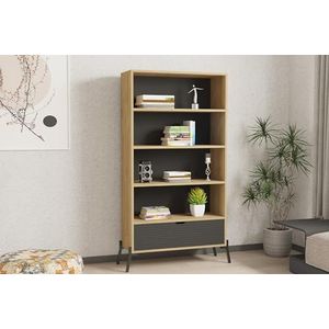 Hanah Home Industriële boekenplank met ijzeren poten, saffiereiken en antraciet, 83,6 x 160 x 30 cm, 100% melamine gecoat, 18 mm dik, stijlvolle opbergoplossing