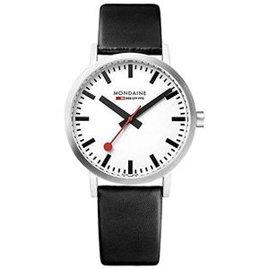 Mondaine Officieel Zwitsers stationsklok Classic dames/heren horloge, analoog kwartshorloge met zwarte leren armband, zwart/wit, Band