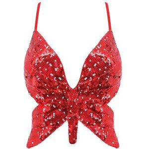 Mocure Dames-butterfly-croptop met glitters, pailletten, laag uitgesneden tanktop, rave buisvest, voor buikdans-outfits, Rode Vlinder, one size
