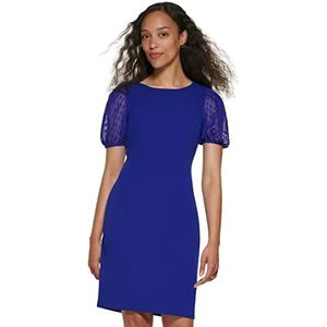 DKNY Women's Short Balloon Sleeve Mixed Media Mini Sheath Dress, Berry Blue, 14